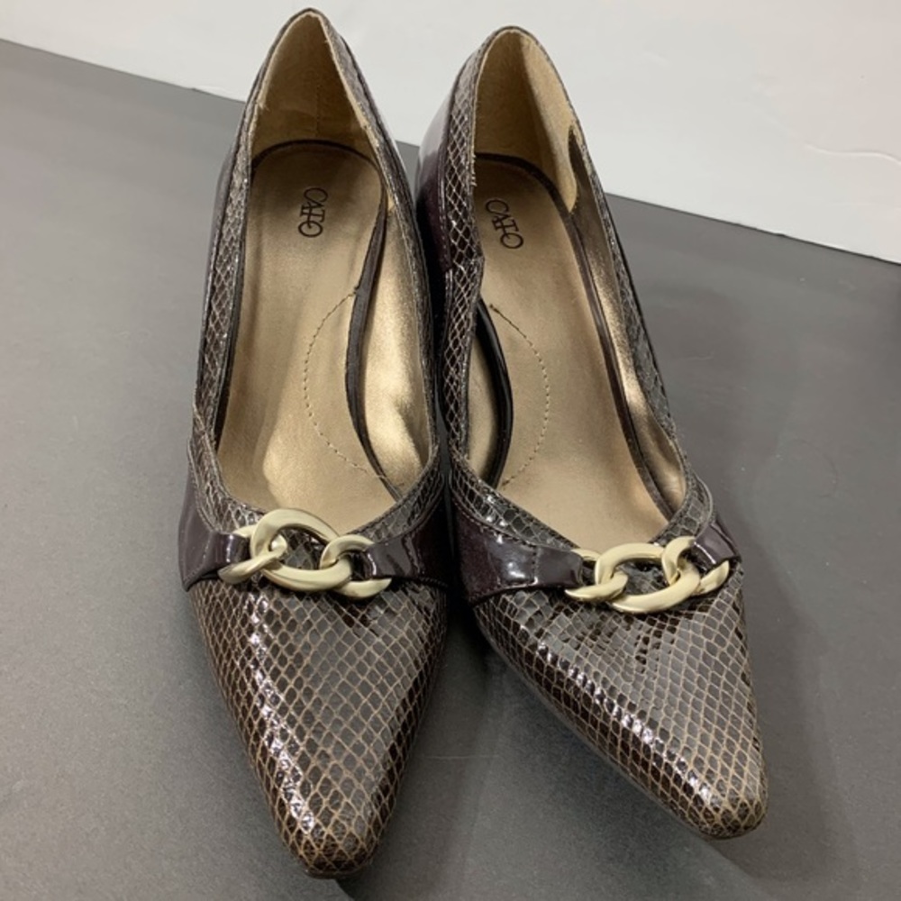 EUC Cato Snakeskin Heels With Gold Buckle Detail